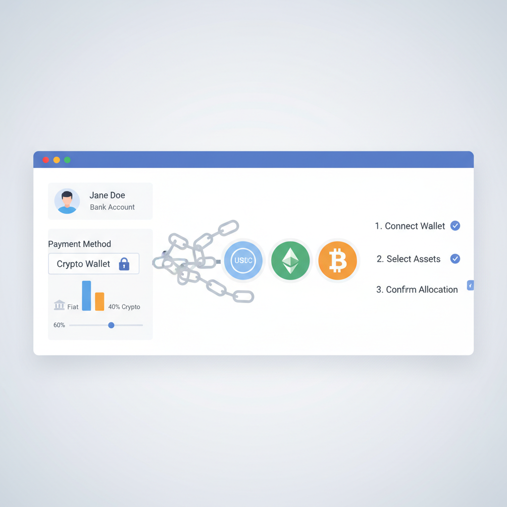 integrating crypto wallets into payroll interface, chain links and USDC icons connecting, clean UI