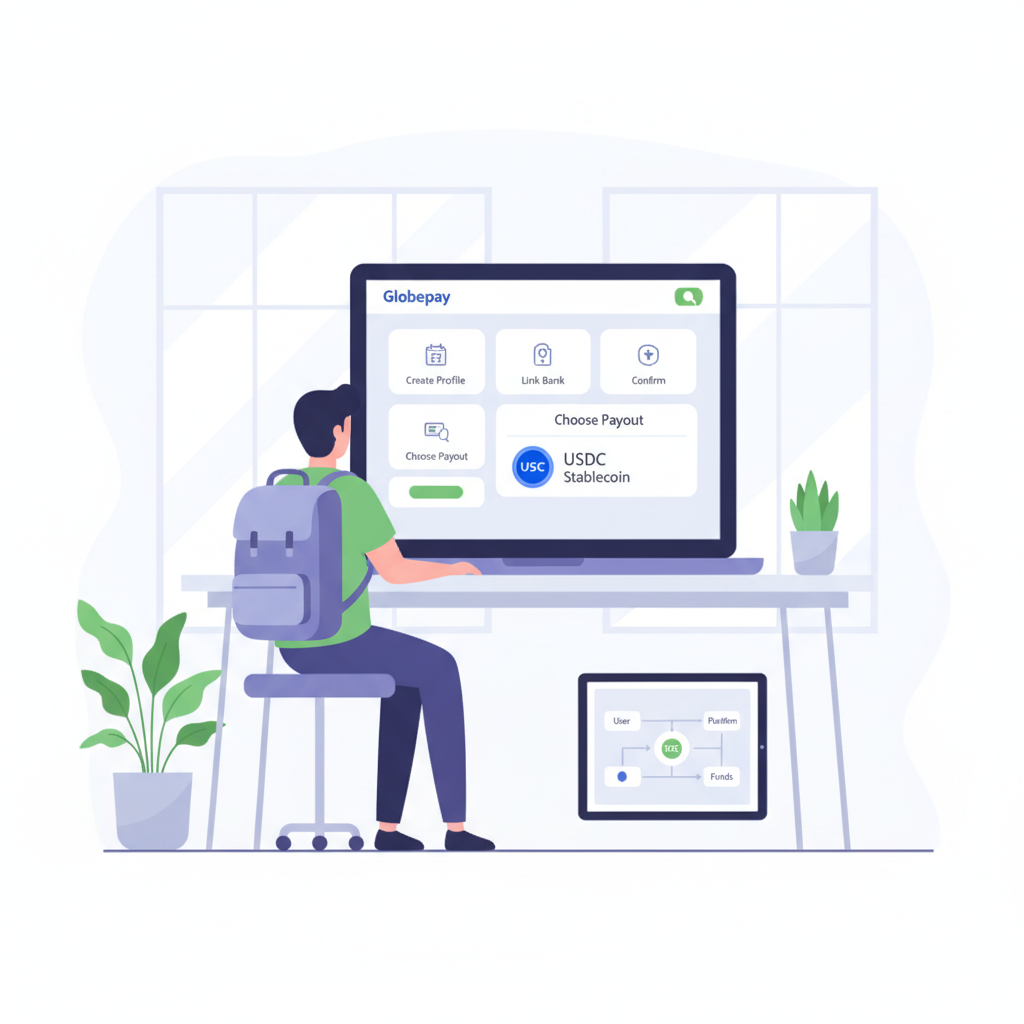 digital nomad onboarding payroll platform on laptop, modern dashboard with USDC logo, professional workspace
