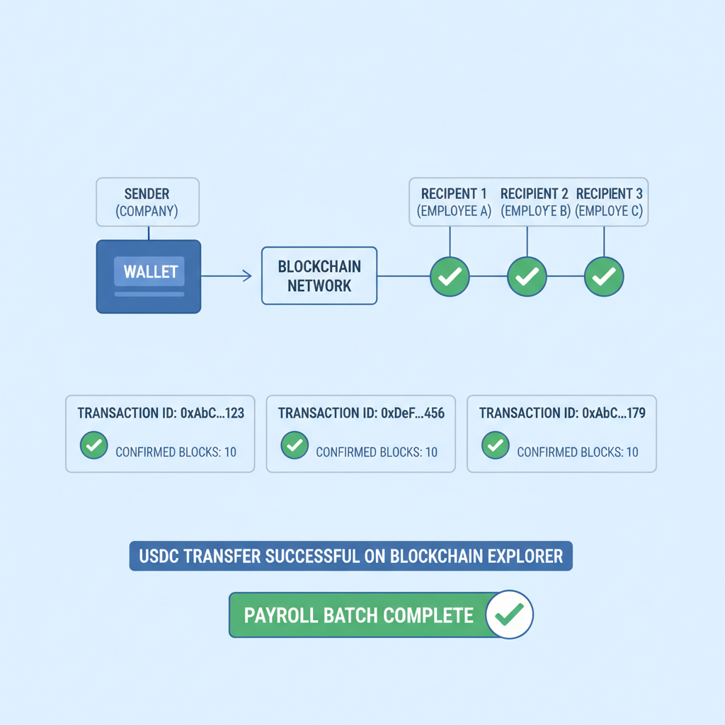 testing USDC payroll transfer on blockchain explorer, green checkmarks and transaction confirmations