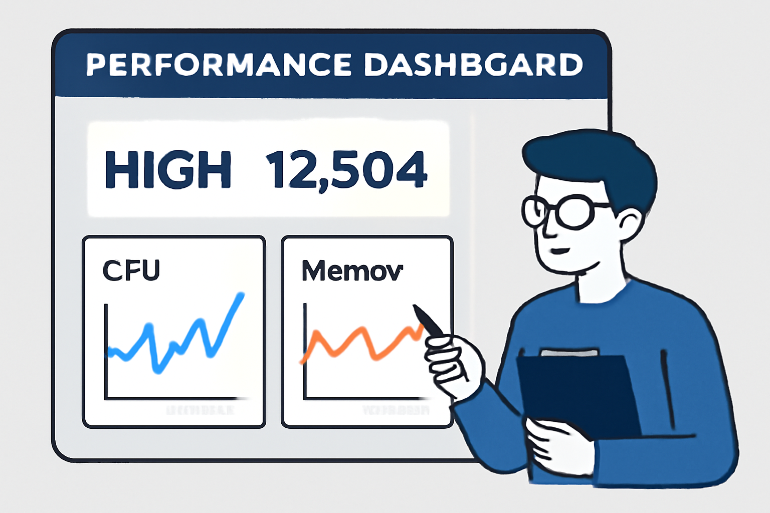Performance dashboard displaying high TPS metrics, CPU and memory graphs, and a developer analyzing results.