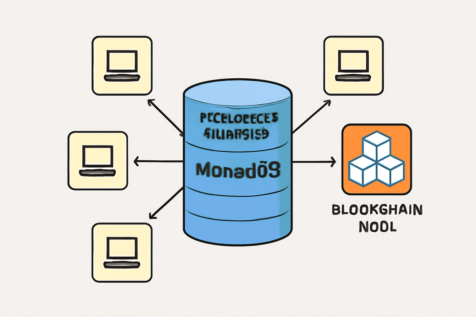 Diagram of a high-speed database with multiple access points, labeled as MonadDB, connected to a blockchain node.