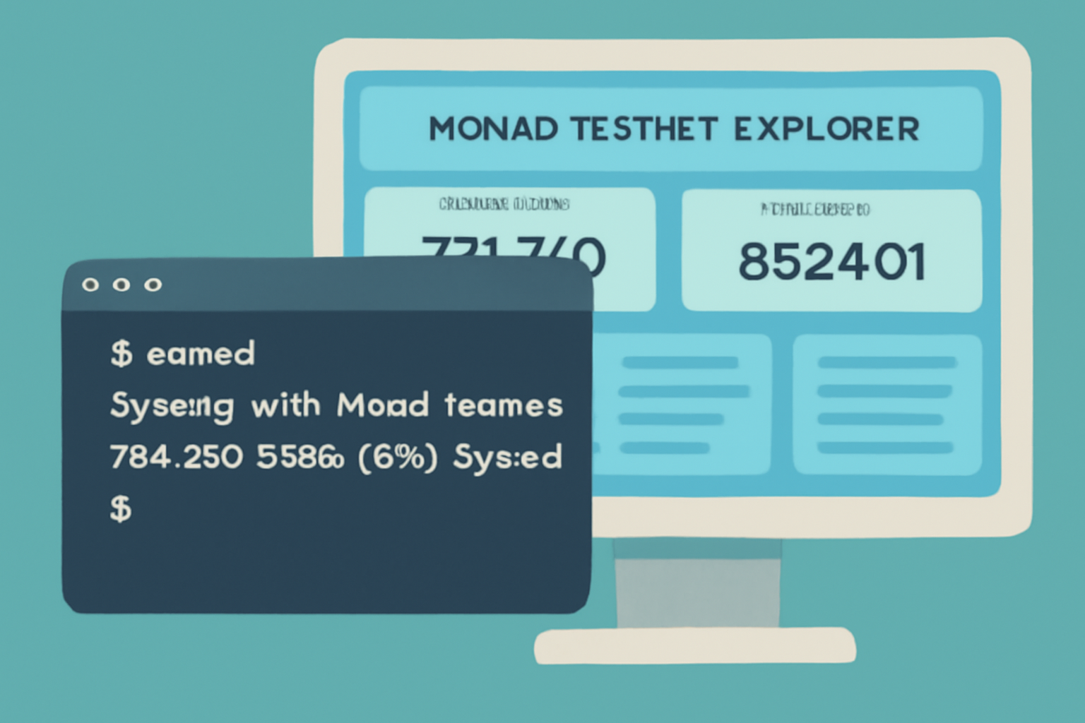 A terminal window showing a node syncing with Monad testnet, with a testnet explorer dashboard in the background.