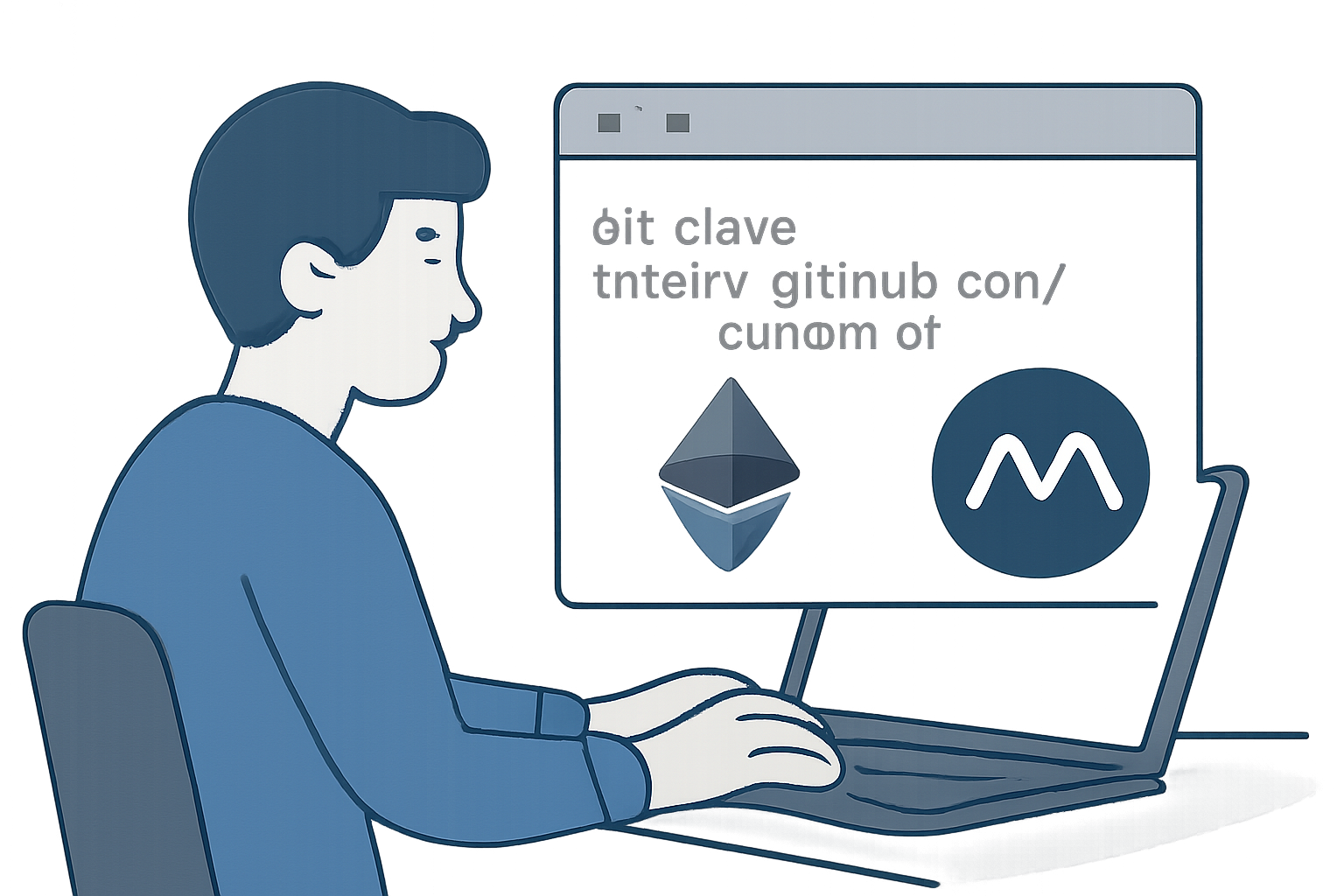 A developer cloning a GitHub repository of an EVM client, with Ethereum and Monad logos side by side.