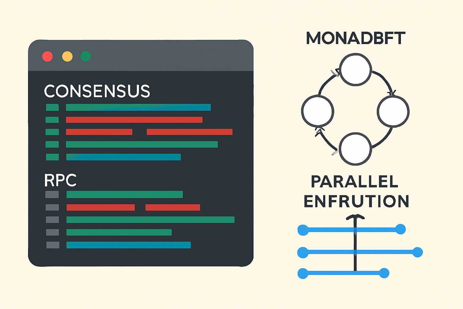 Code editor window showing highlighted changes to consensus and RPC modules, with MonadBFT and parallel execution diagrams in the background.