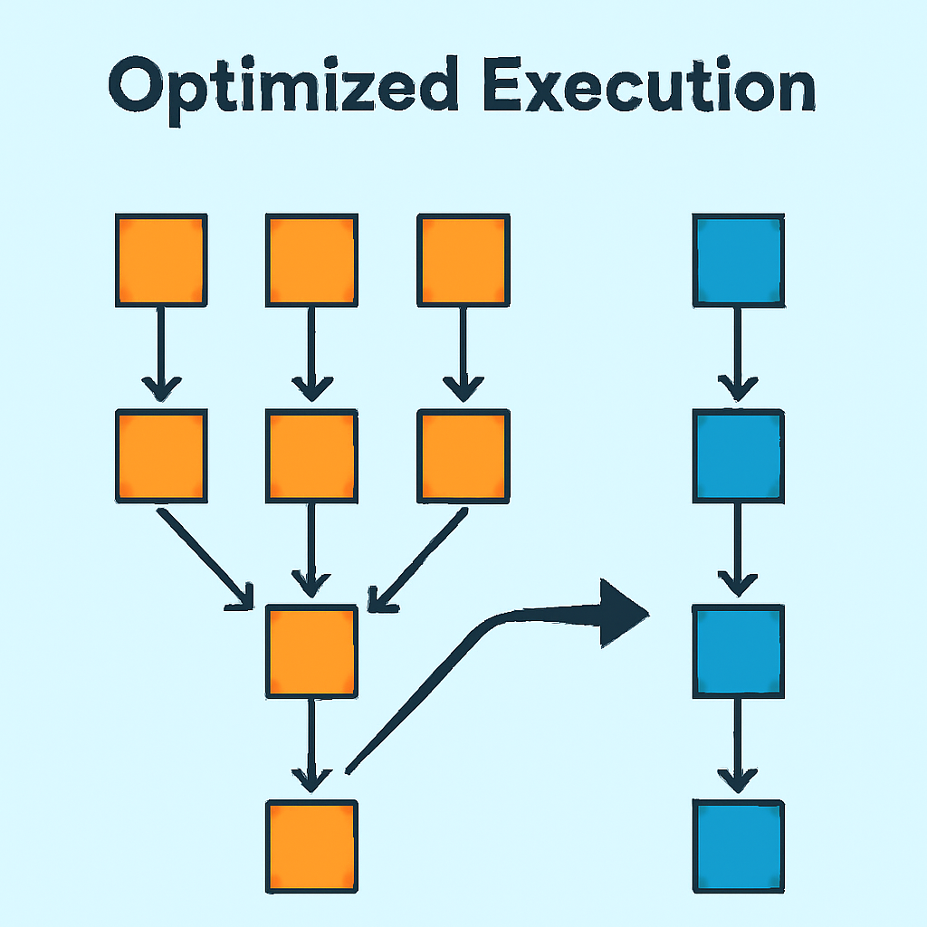 Visualization of parallel transaction threads merging into a single chain, symbolizing optimized execution.