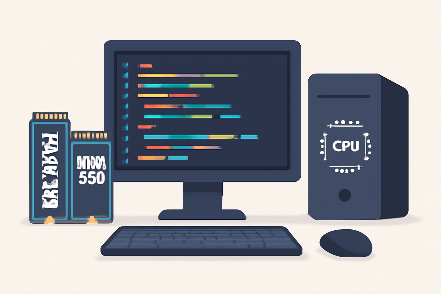 A modern developer workstation with dual NVMe SSDs, a powerful multi-core CPU, and a clean code editor open, emphasizing high-performance hardware.