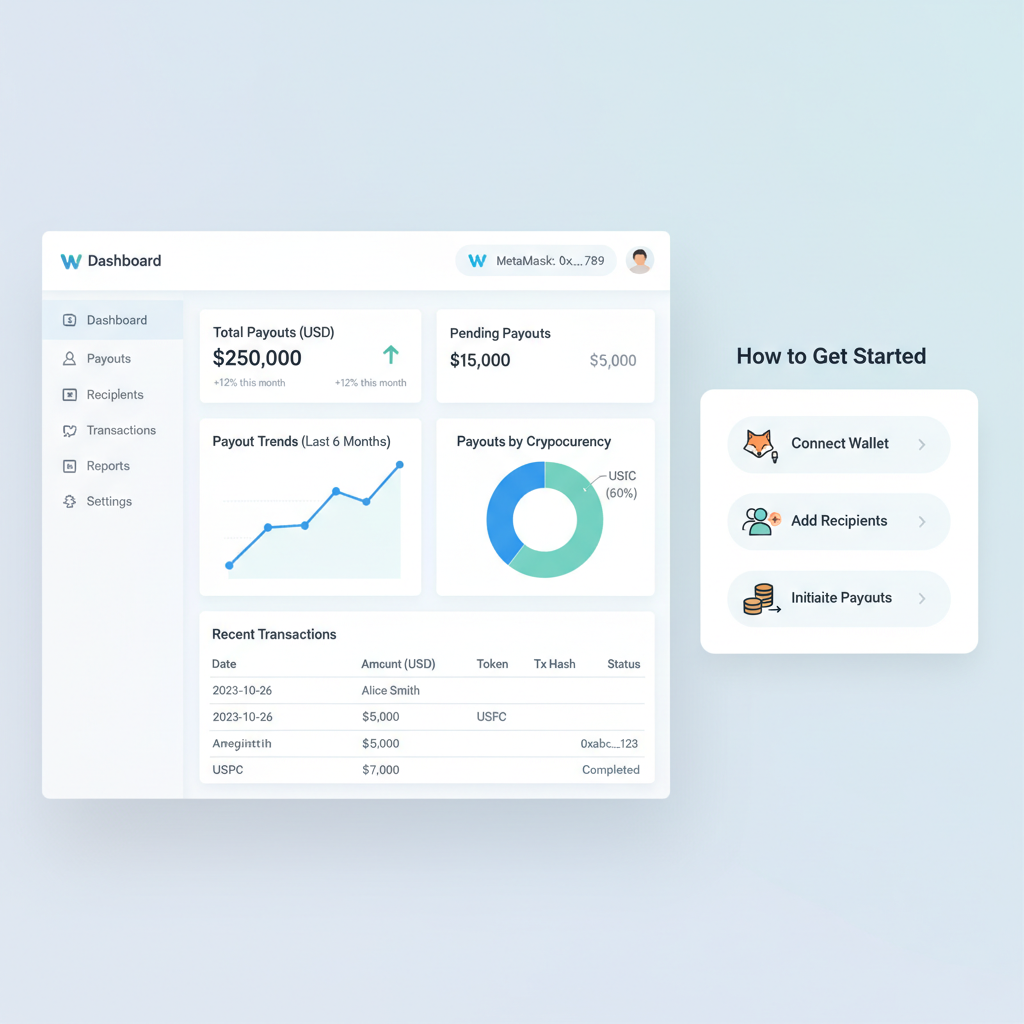 Clean web dashboard for blockchain payout platform, connected wallet, charts