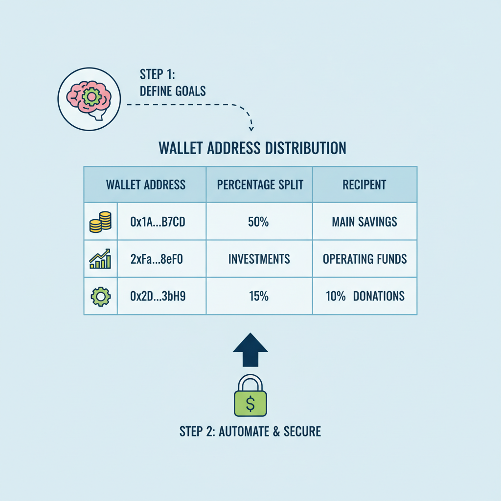 Table of wallet addresses with percentage splits, educational diagram