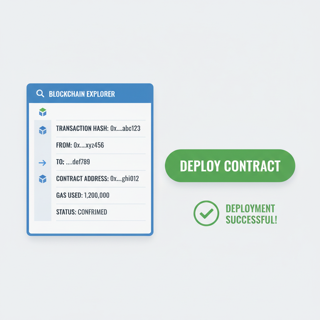 Contract deployment button with success confirmation, blockchain explorer view