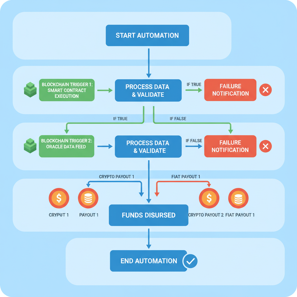Automation flowchart with blockchain triggers and payout arrows
