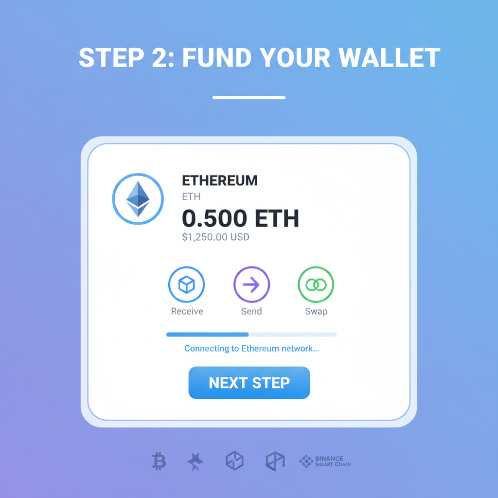 Web3 wallet setup screen with ETH balance, clean UI, blockchain icons