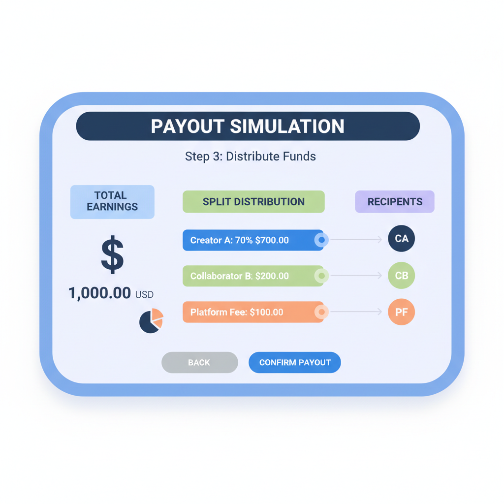 Test payout simulation screen showing split distributions