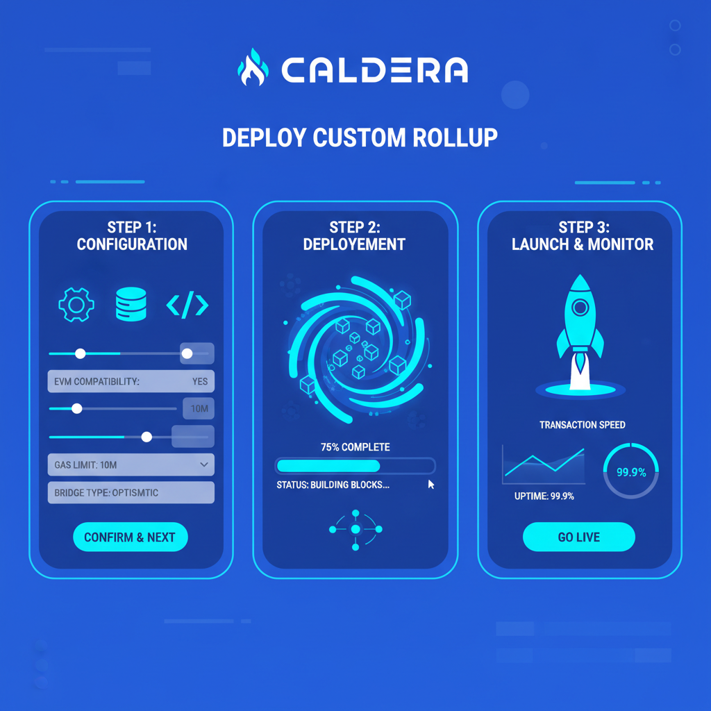 sleek dashboard deploying custom blockchain rollup with Caldera branding, futuristic UI, neon blues