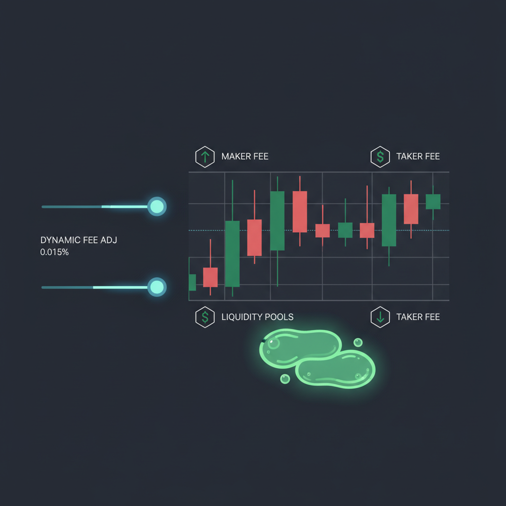 trading chart with maker-taker fee icons, green liquidity pools, dynamic fee sliders, dark mode
