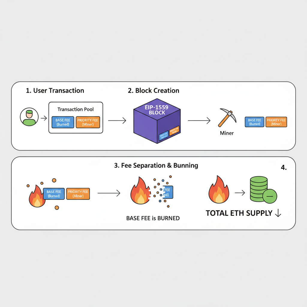 EIP-1559 fee burning animation, flame icon consuming ETH fees, blockchain block diagram