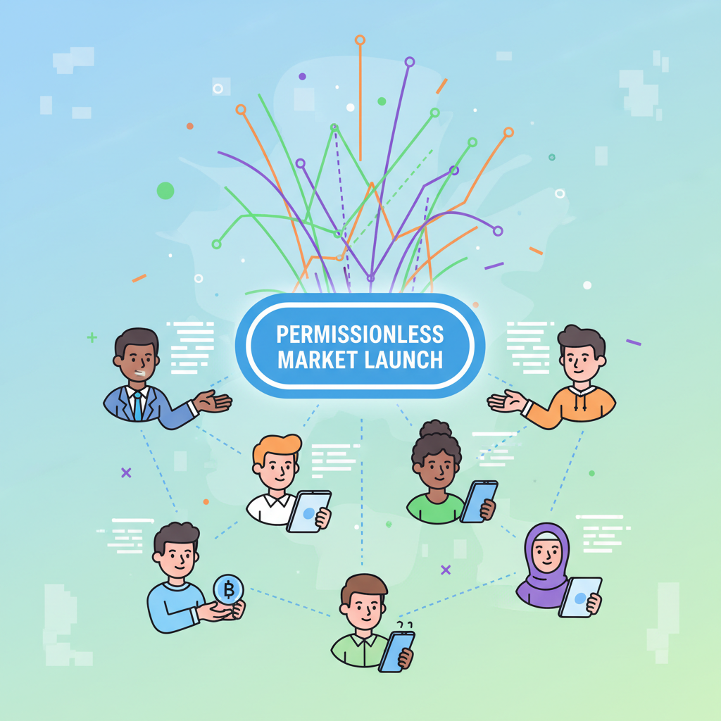 permissionless market launch button, exploding markets graph, diverse trader avatars connecting