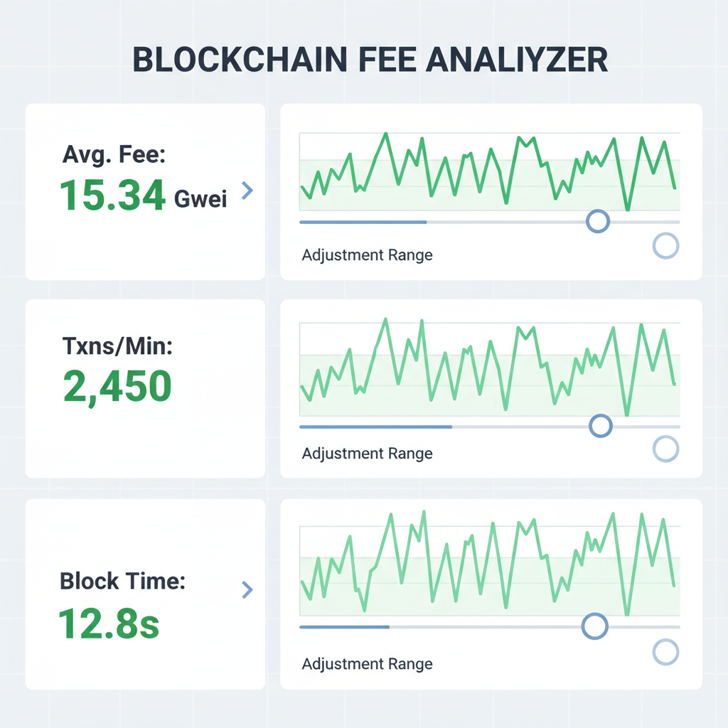 real-time analytics dashboard for blockchain fees, graphs spiking with adjustment sliders, green metrics