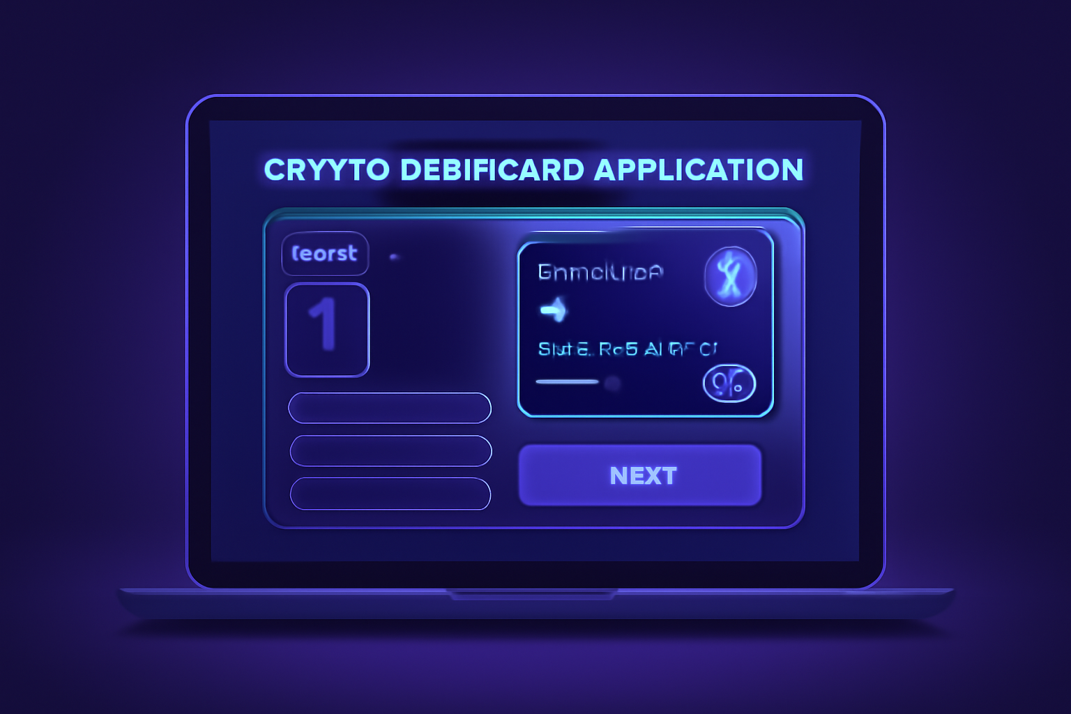 sleek modern crypto debit card application on laptop screen, futuristic UI, neon blues and purples, high-tech vibe