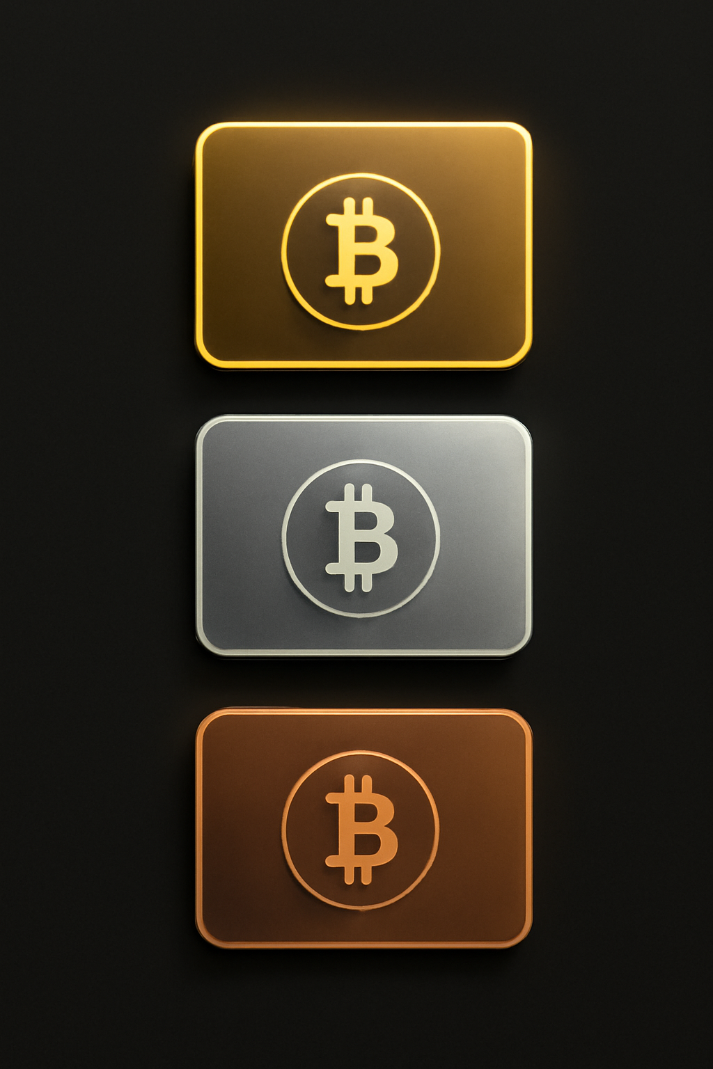 three tiered crypto cards gold silver bronze on elegant black background, glowing edges, luxury design