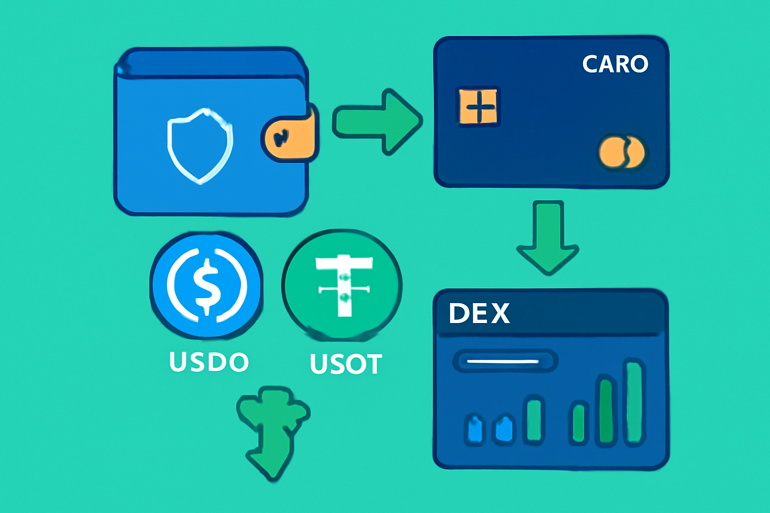 DeFi wallet funding crypto card with USDC USDT icons, DEX interface, green transaction arrows, vibrant digital art