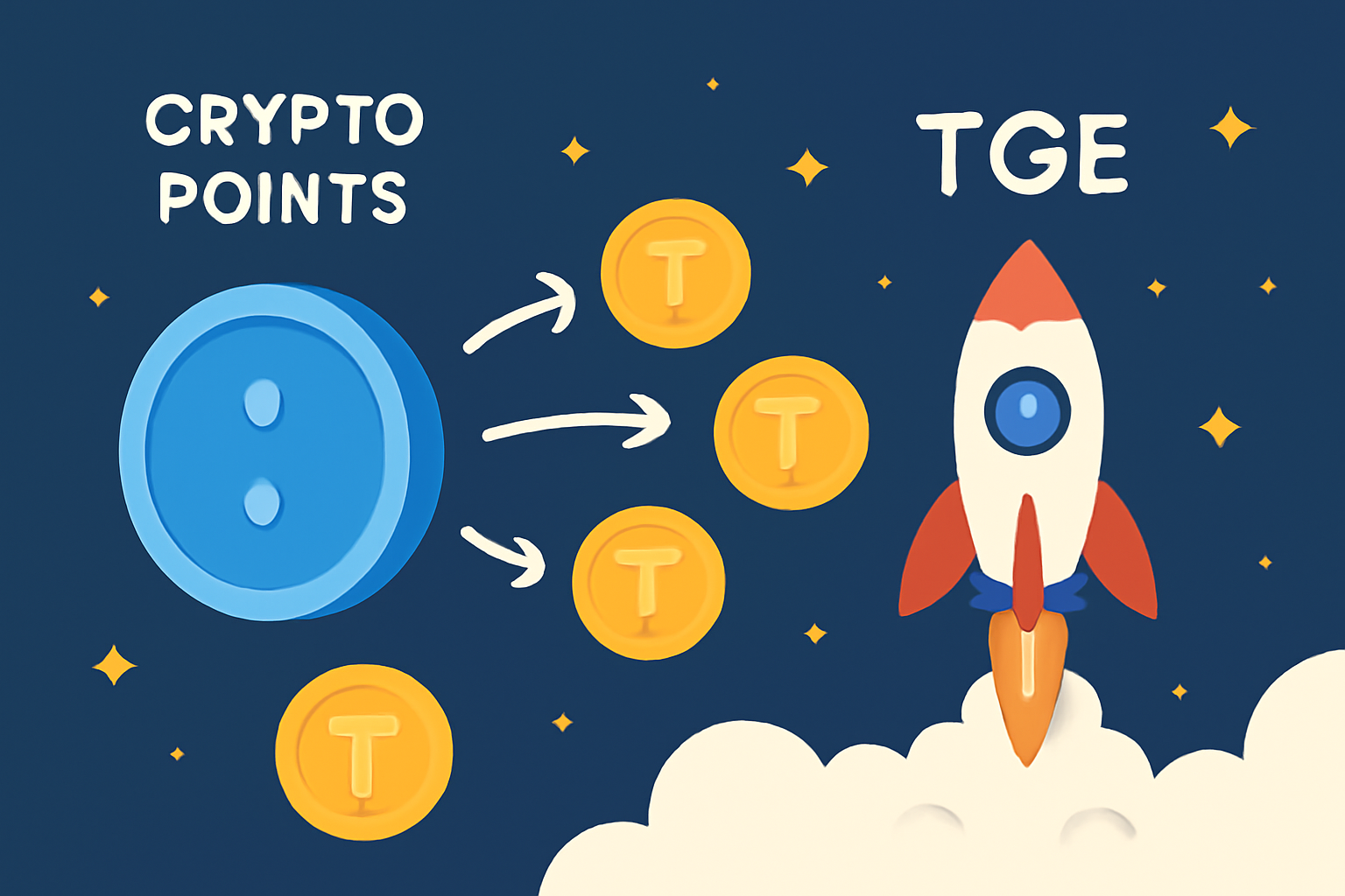 crypto points transforming into tokens at launch event, TGE rocket blasting off, starry success background
