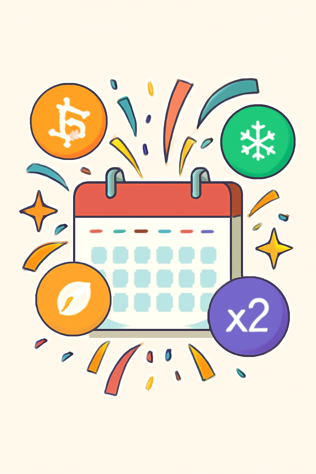calendar with crypto promo badges exploding confetti, seasonal themes, rewards multipliers glowing