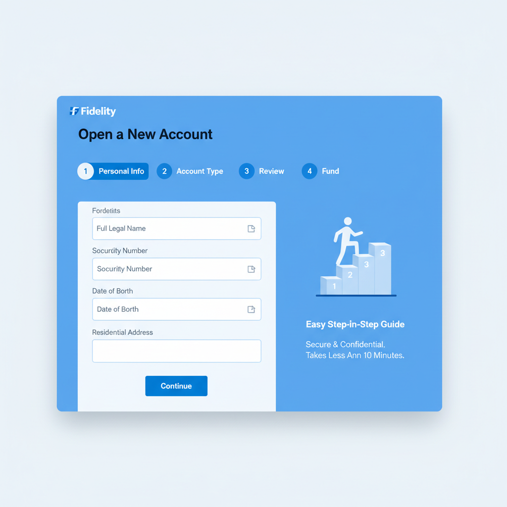 clean screenshot of Fidelity brokerage account signup page, modern blue interface, step-by-step form fields