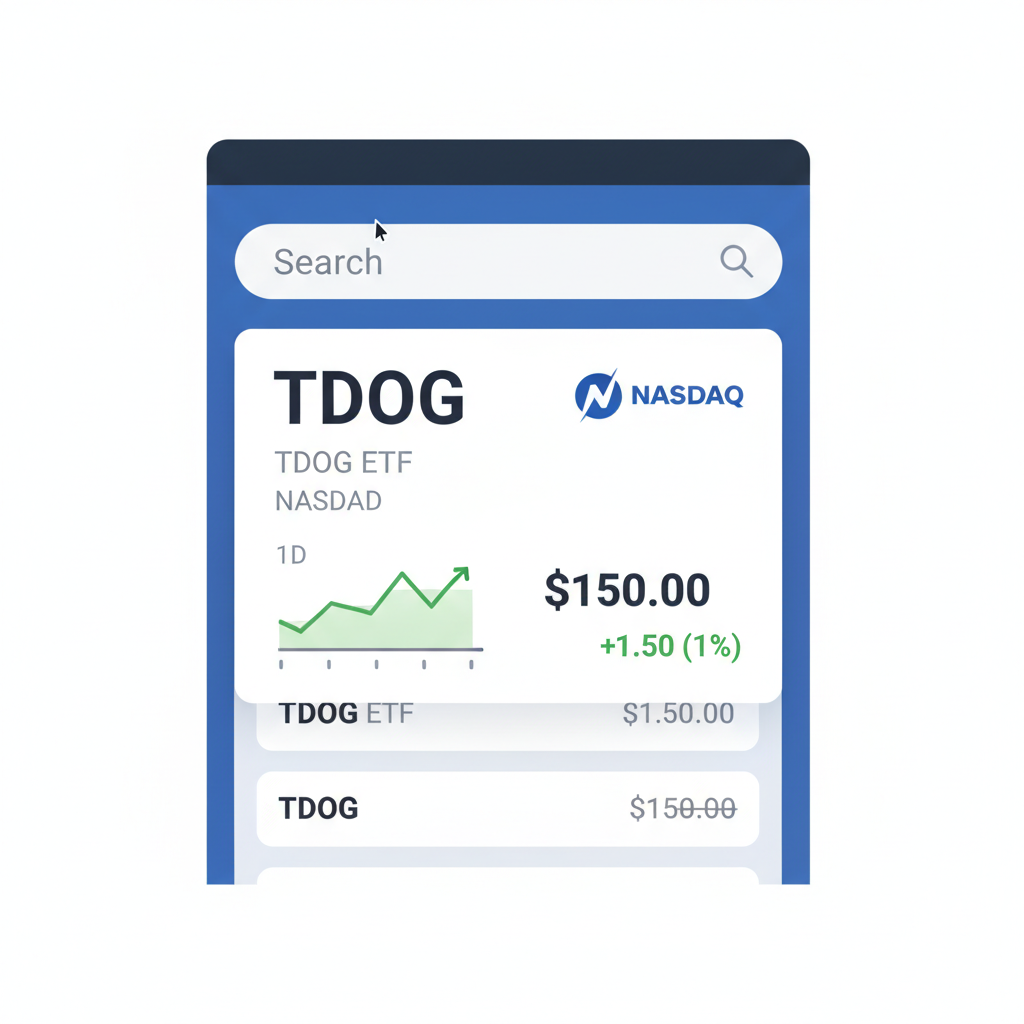 brokerage search results screen showing TDOG ETF ticker, Nasdaq logo, price chart snippet
