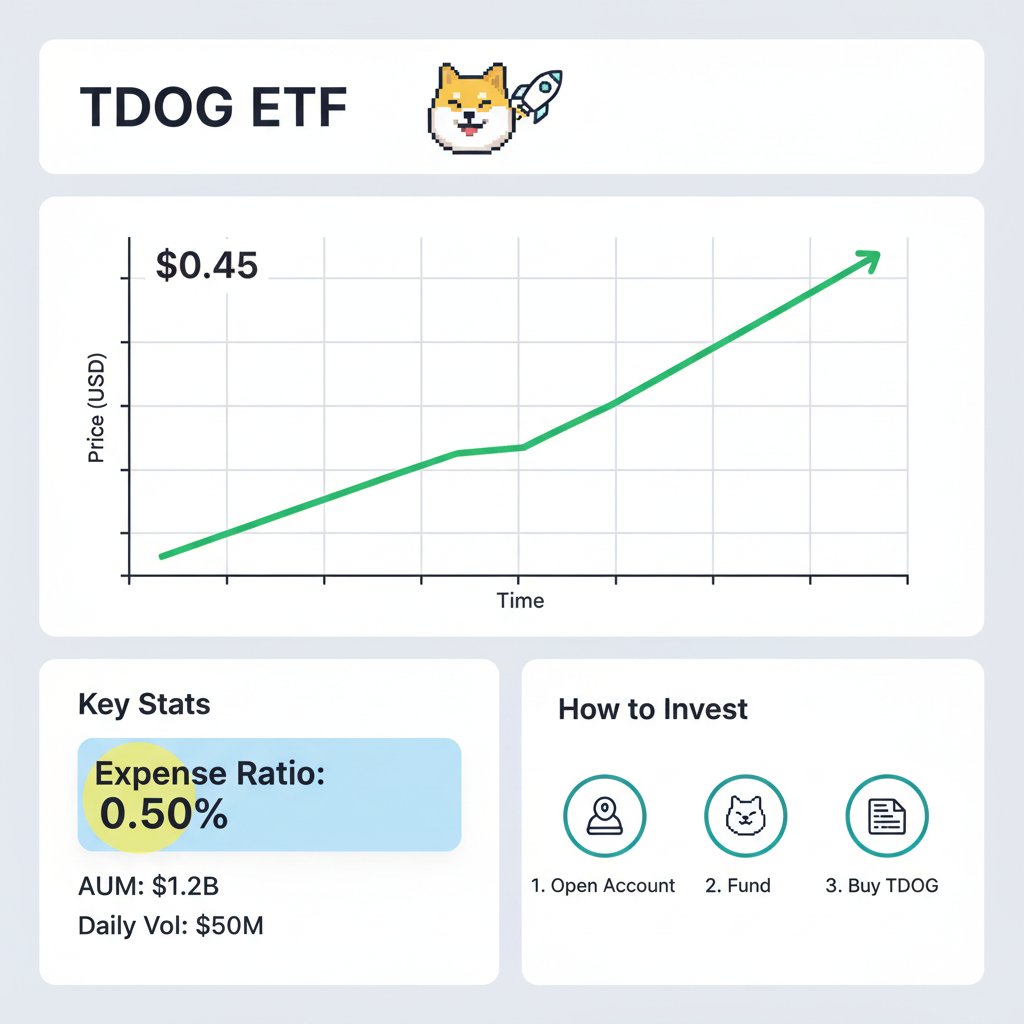TDOG ETF detail page with price chart, Dogecoin logo, key stats like 0.50% fee highlighted