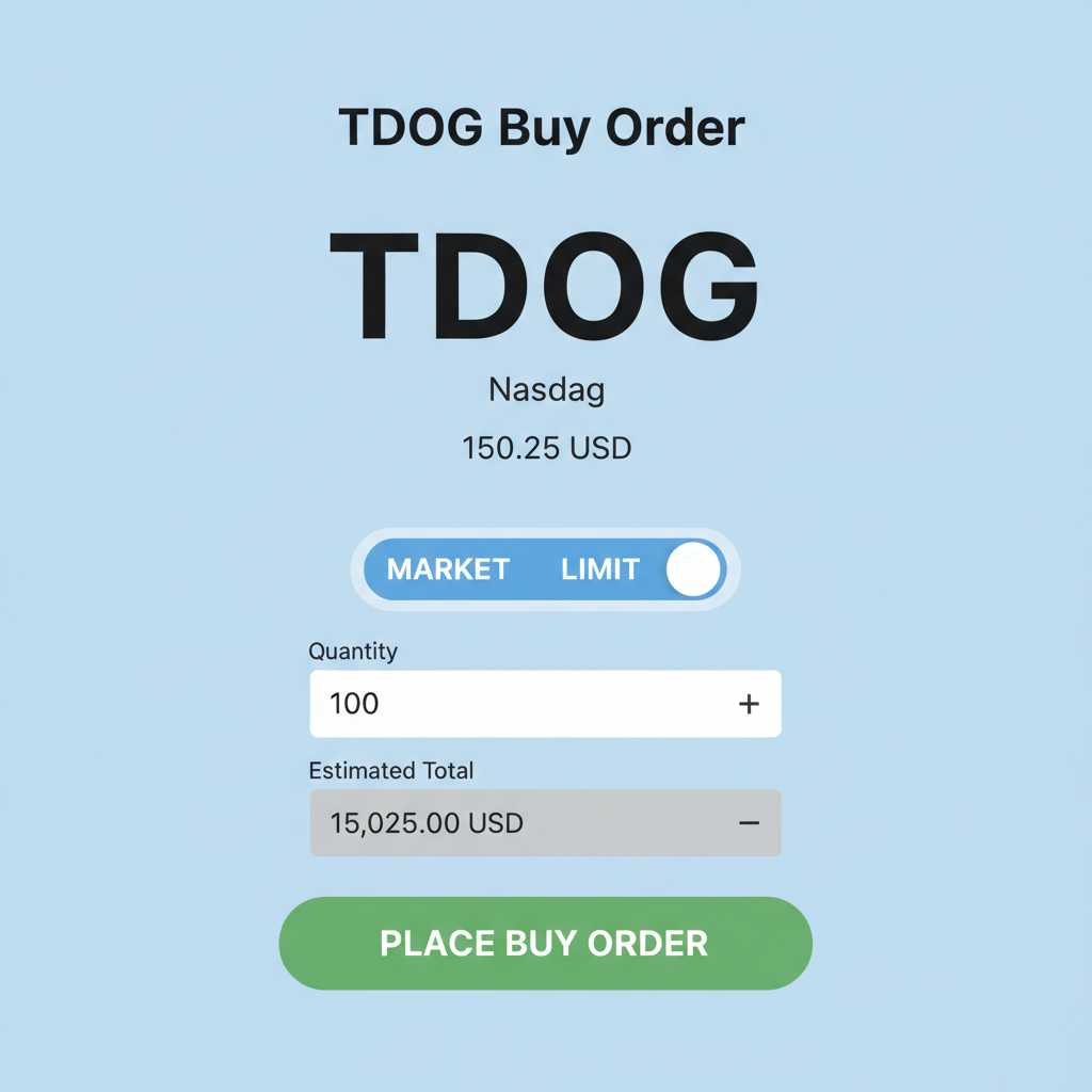 order placement screen for TDOG buy, market/limit toggle, quantity field, Nasdaq ticker visible