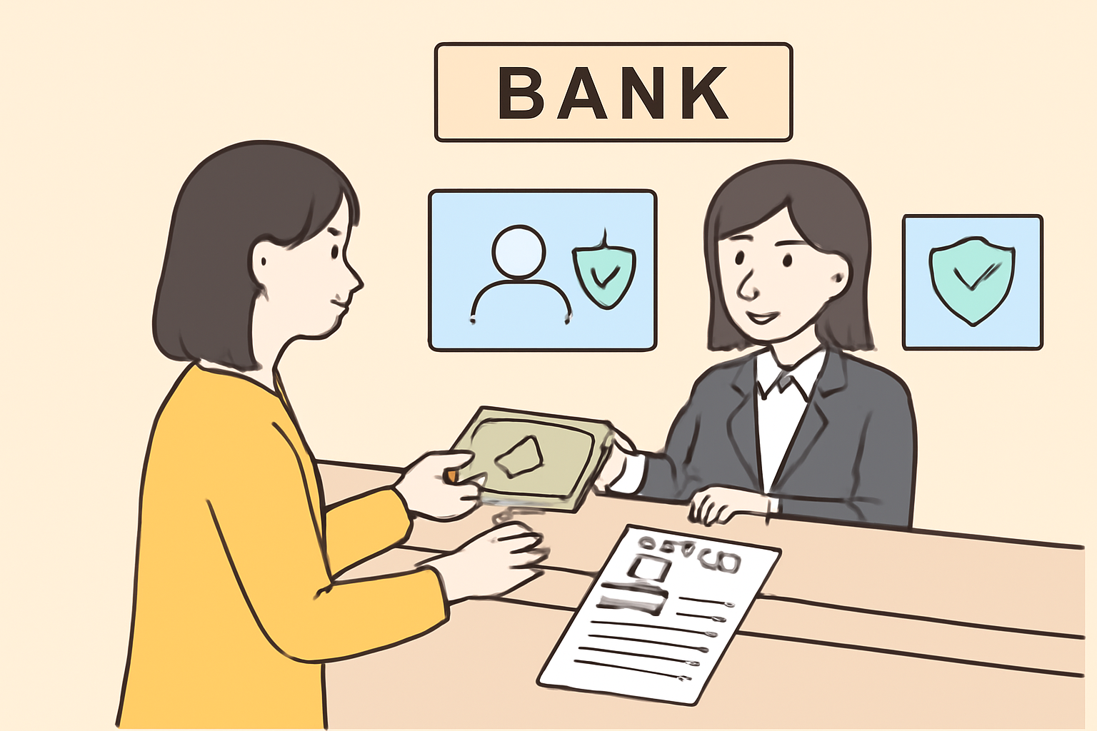 A Japanese bank counter with a customer handing over yen bills, KYC documents on the desk, and digital screens showing secure verification, modern banking environment.
