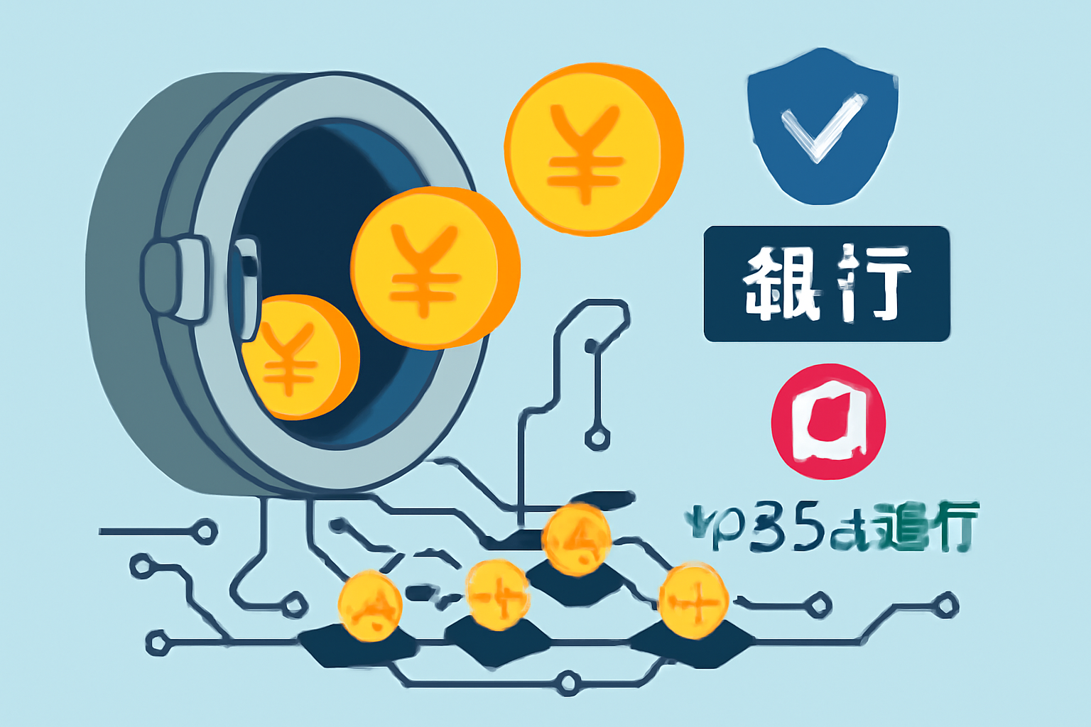 Digital coins labeled '¥' emerging from a secure bank vault onto a blockchain network, with compliance symbols and Japanese bank logos visible.