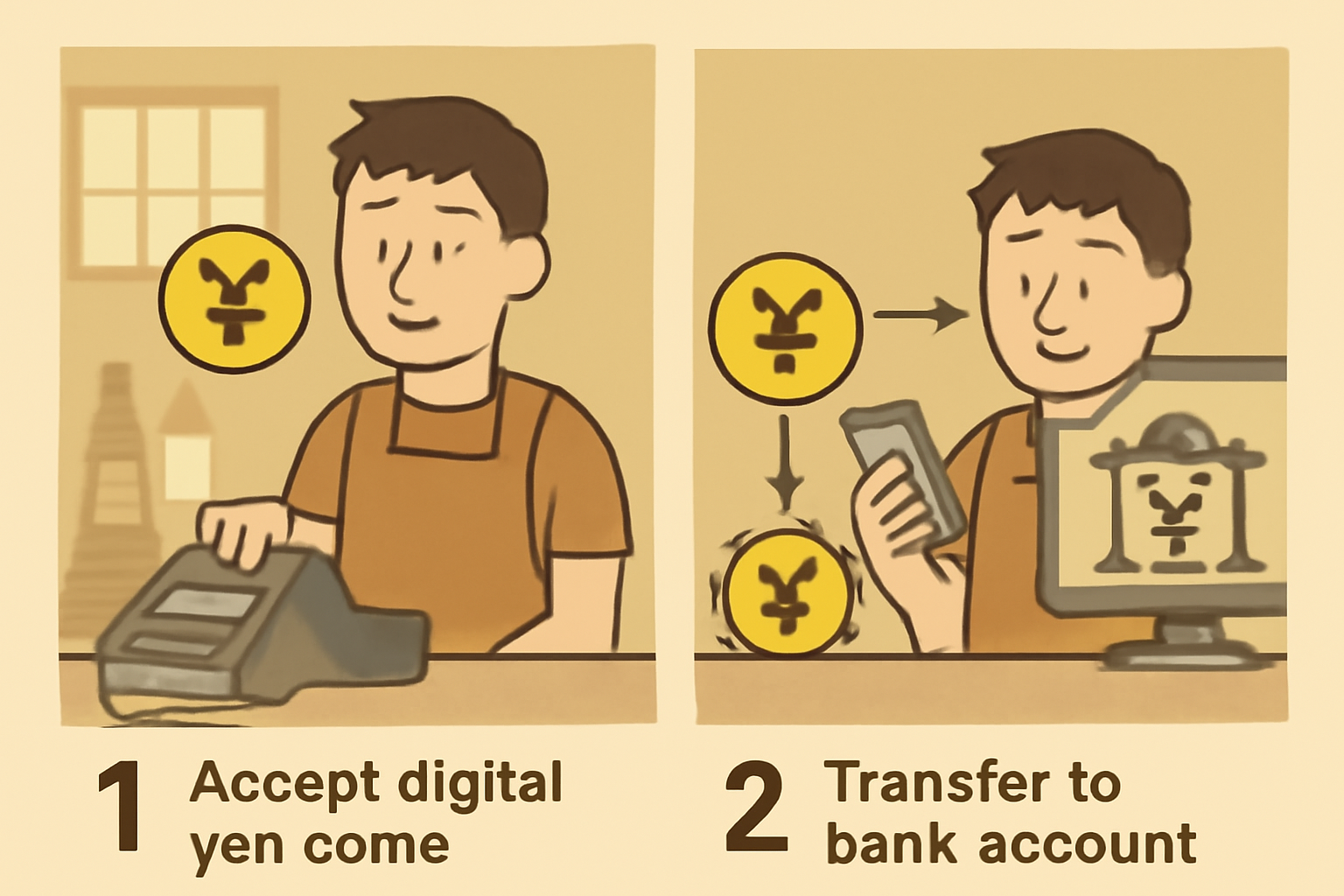 A merchant at a POS terminal accepting digital yen coins, then transferring them to a bank account with instant yen payout, Japanese shop setting.