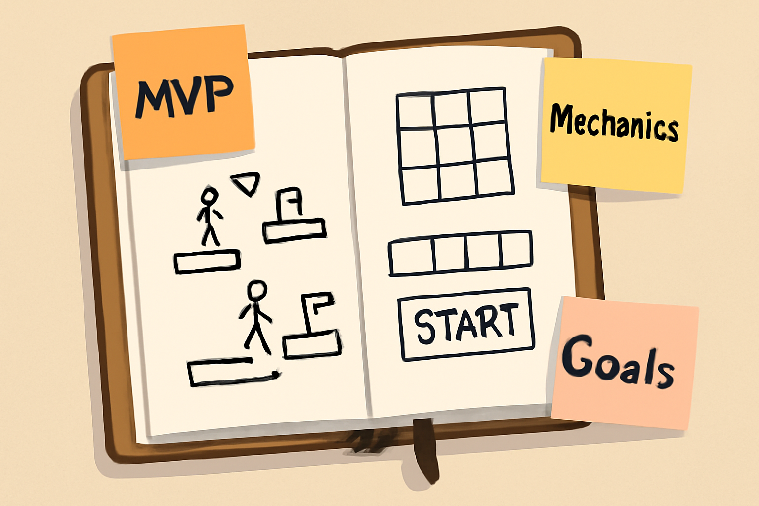 A notebook open to a page with sketches of a simple game concept, surrounded by sticky notes labeled 'MVP', 'Mechanics', and 'Goals'.