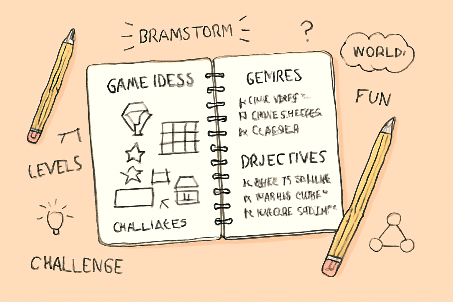 A notebook with sketches of game ideas, genres, and objectives, surrounded by brainstorming notes and pencils.