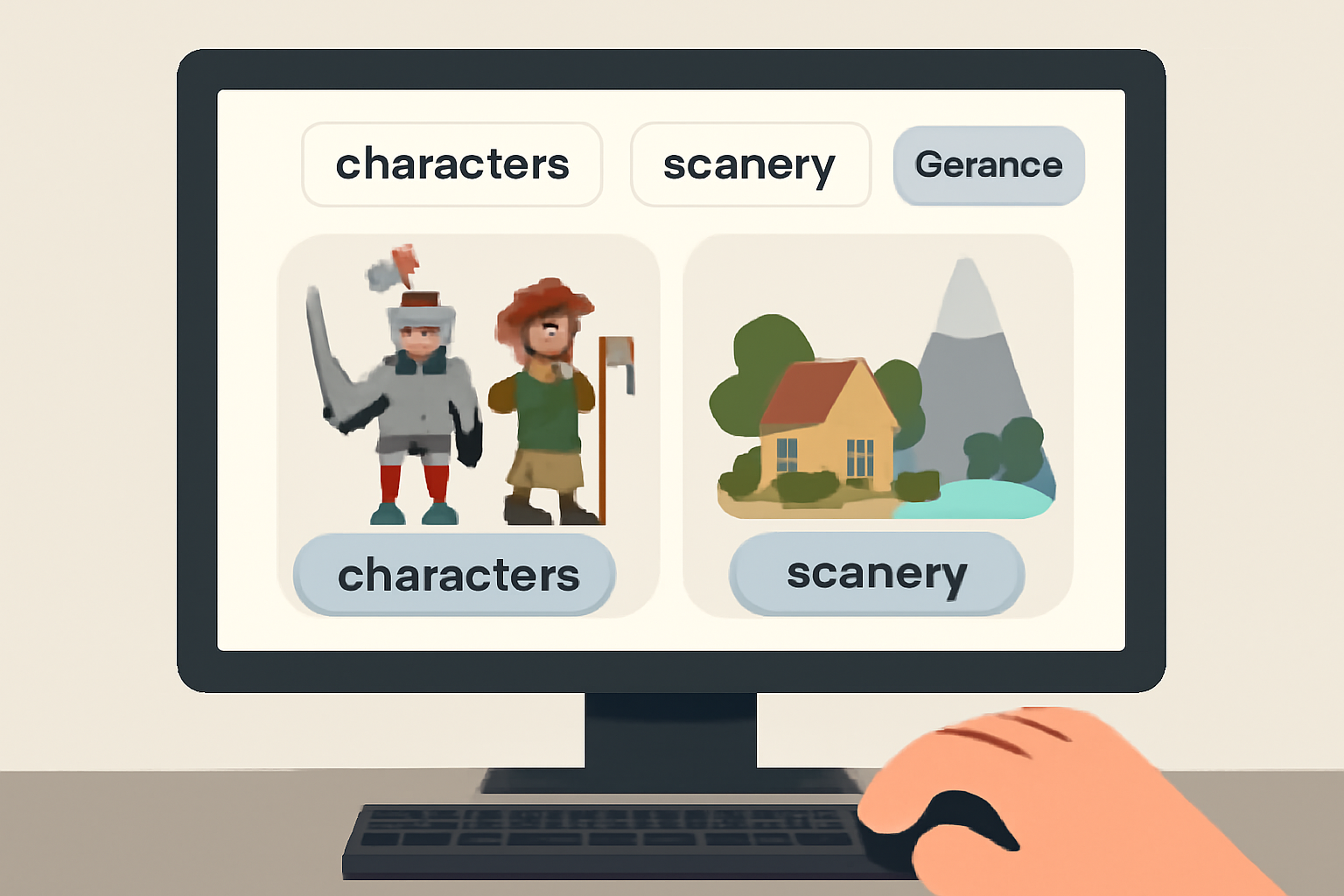 A computer screen displaying AI-generated game assets: 3D models, textures, and pixel art, with a user entering prompts.