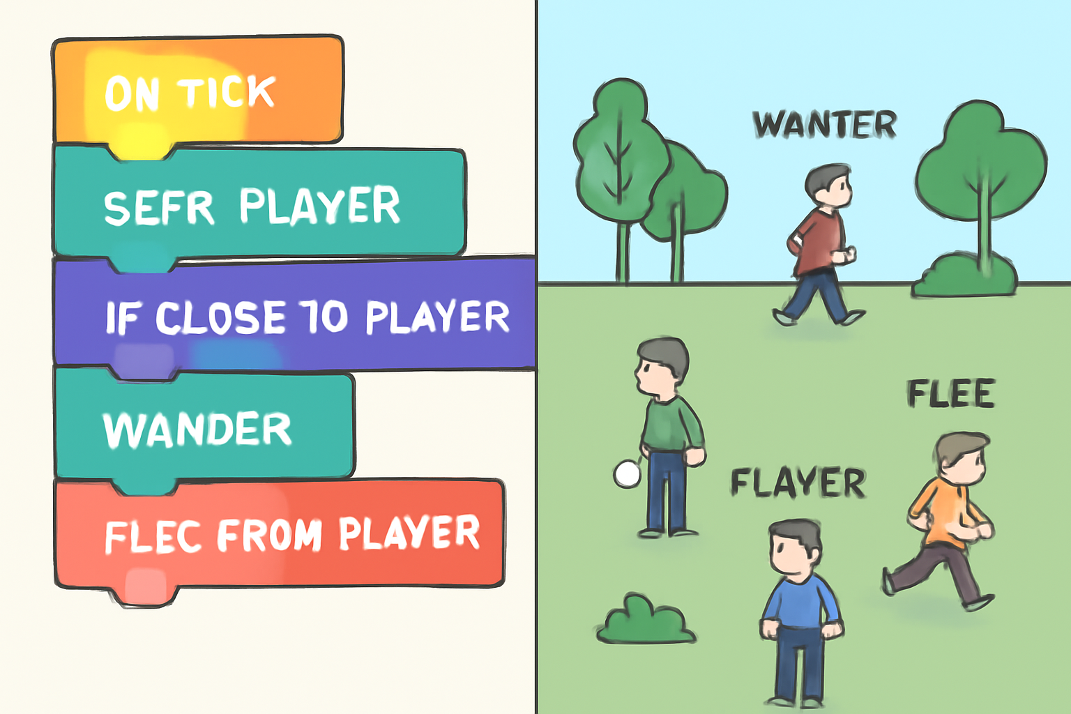 A developer using visual scripting blocks and AI logic to define game character behaviors on a game engine interface.