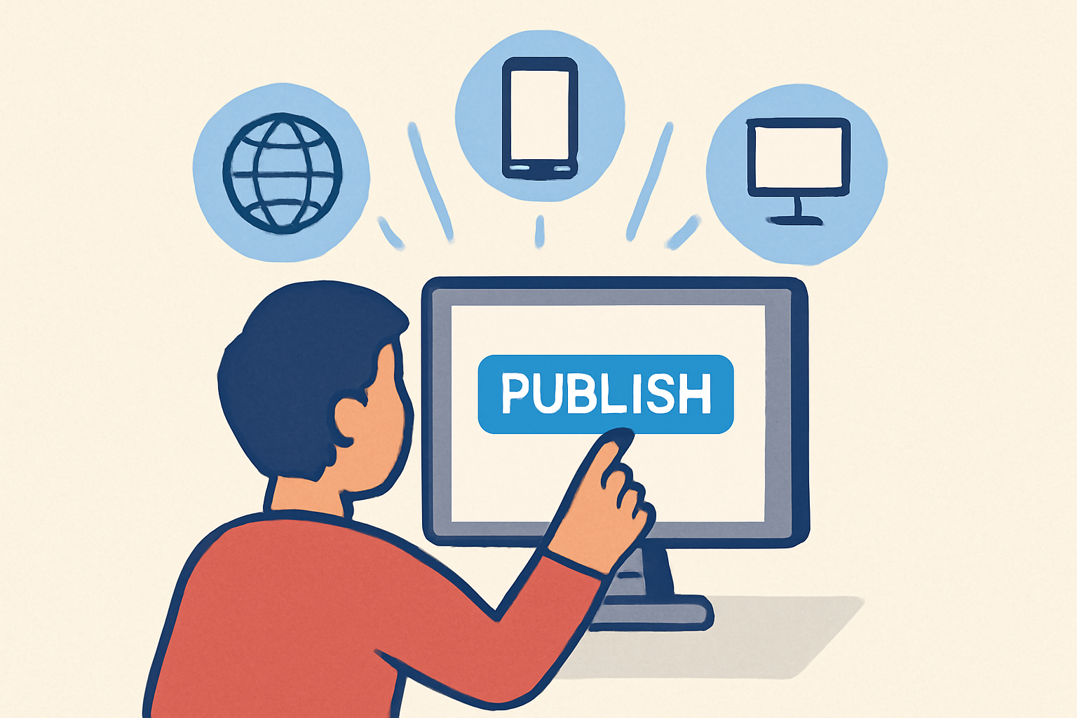 A person clicking a 'Publish' button on a computer, with icons for web, mobile, and desktop platforms radiating outward.