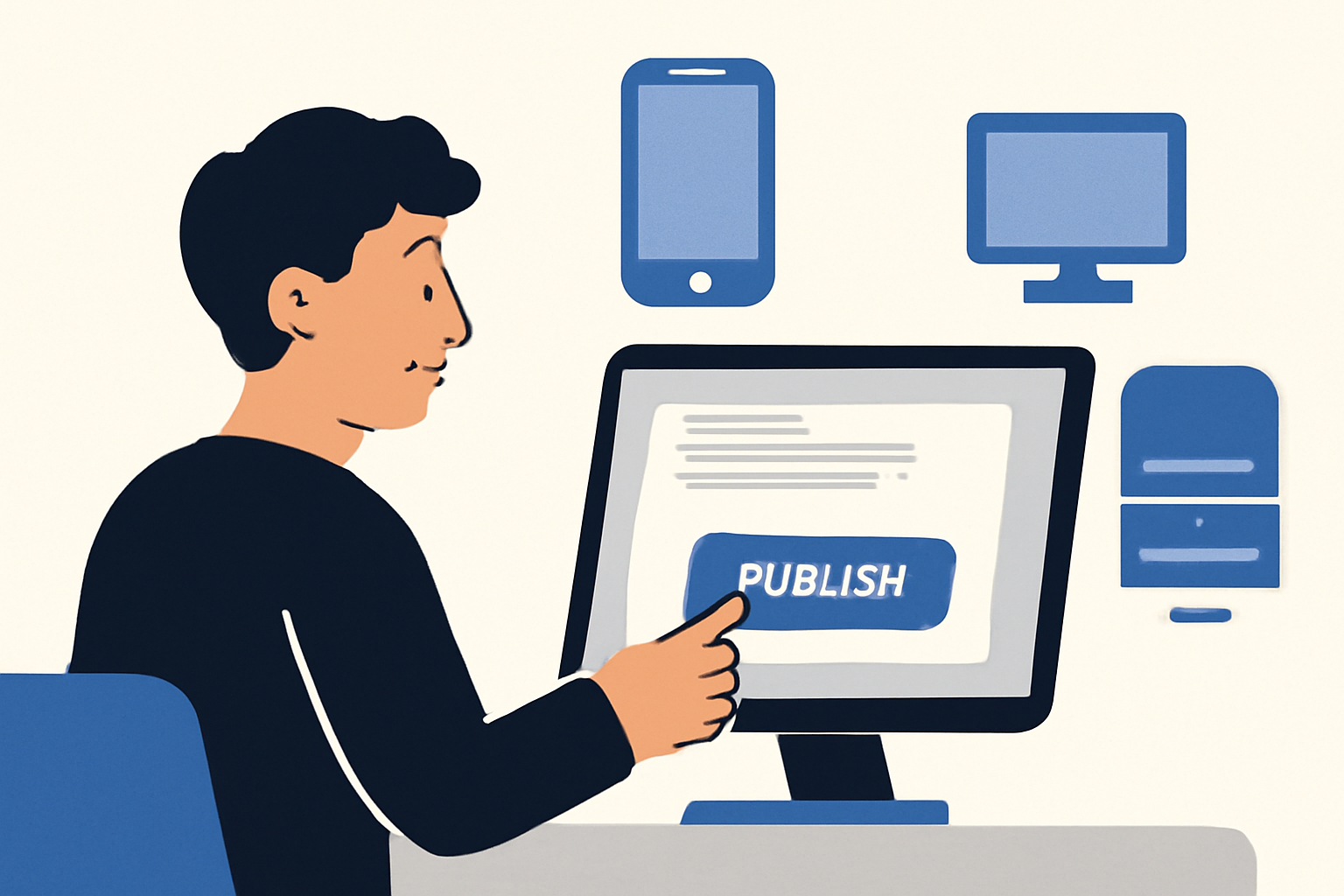 A developer clicking a 'Publish' button on a computer, with icons for web, mobile, and desktop platforms in the background.