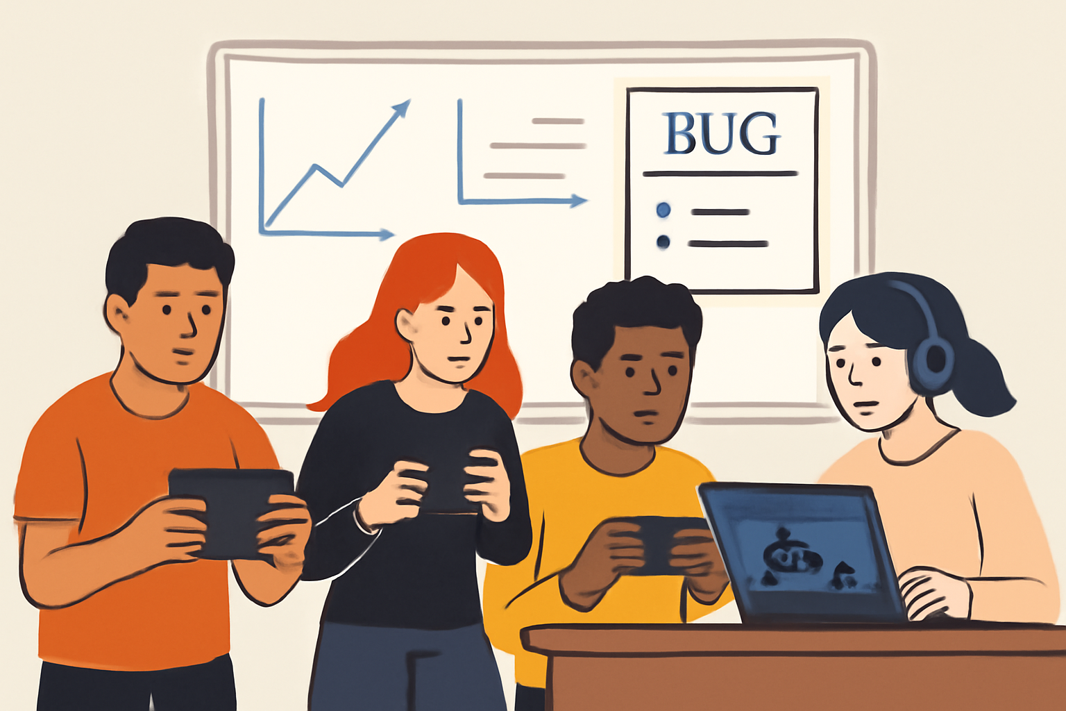 A group of people playtesting a game on various devices, with charts and bug notes on a whiteboard in the background.