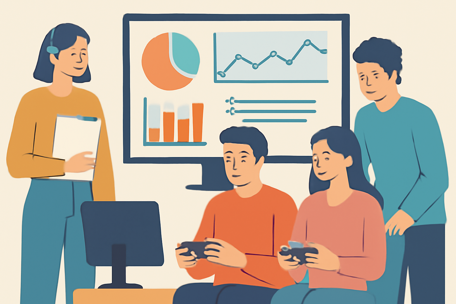 A group of people testing a game, with charts and analytics data displayed on a monitor in the background.