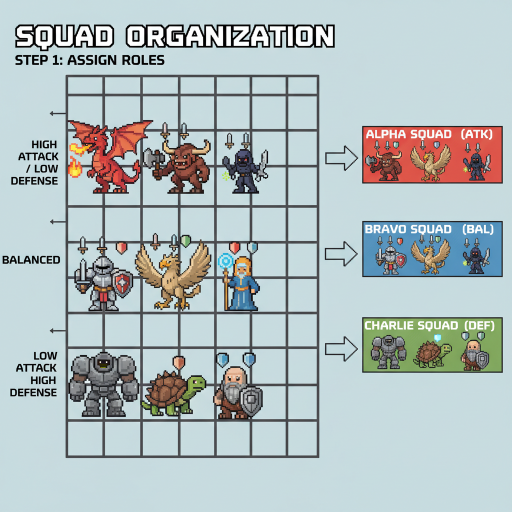 pixel art fantasy beasts sorted into stat-based squads on a grid