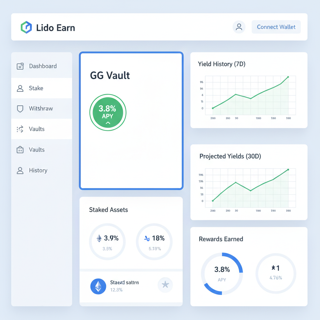 Lido Earn platform dashboard, GG Vault highlighted with 3.8% APY badge, yield charts, professional DeFi design