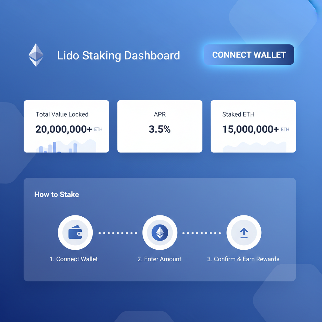 sleek web interface of Lido staking dashboard, connect wallet button highlighted, Ethereum logo, futuristic UI, blue tones