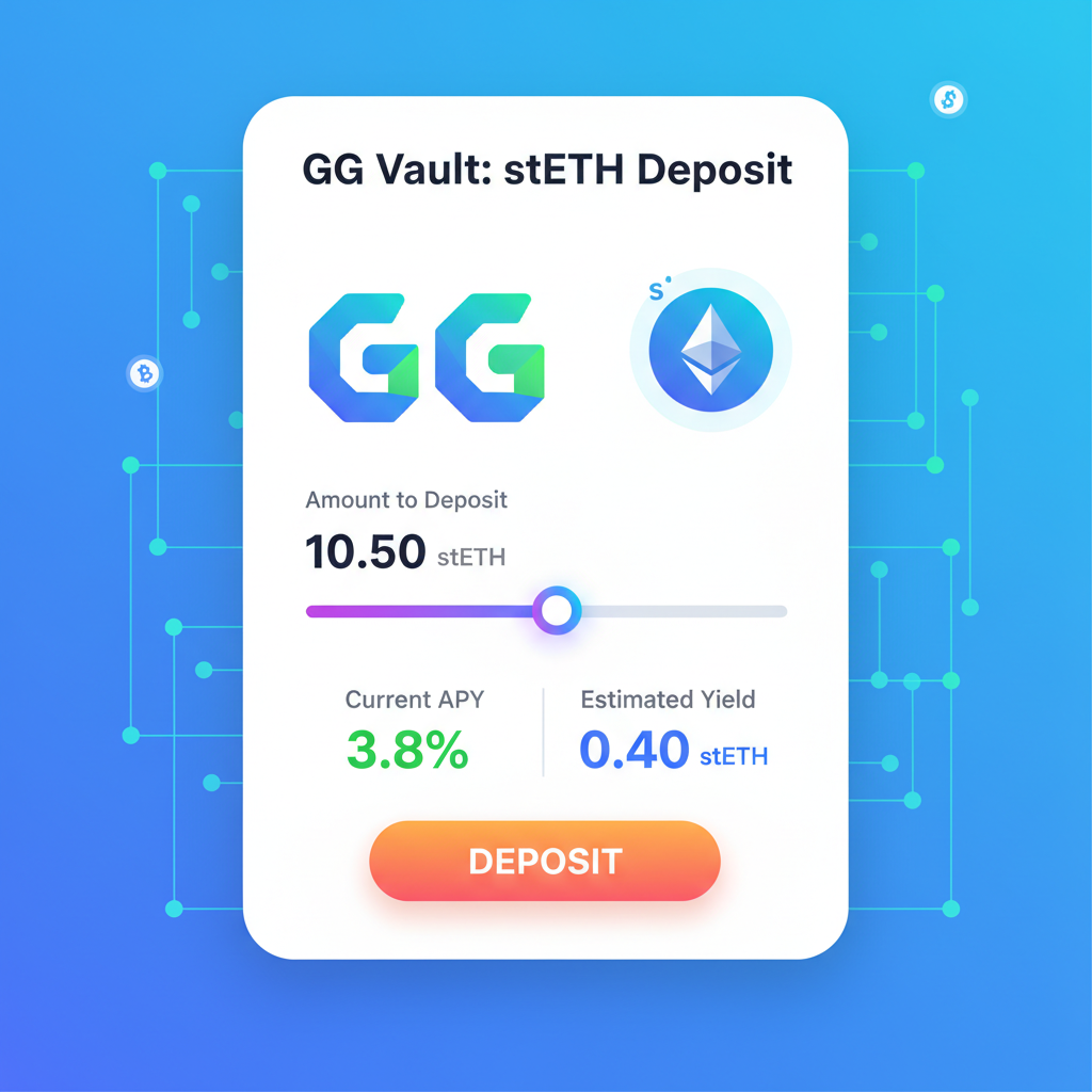 deposit interface for stETH into GG Vault, slider for amount, APY display 3.8%, success animation, vibrant crypto visuals