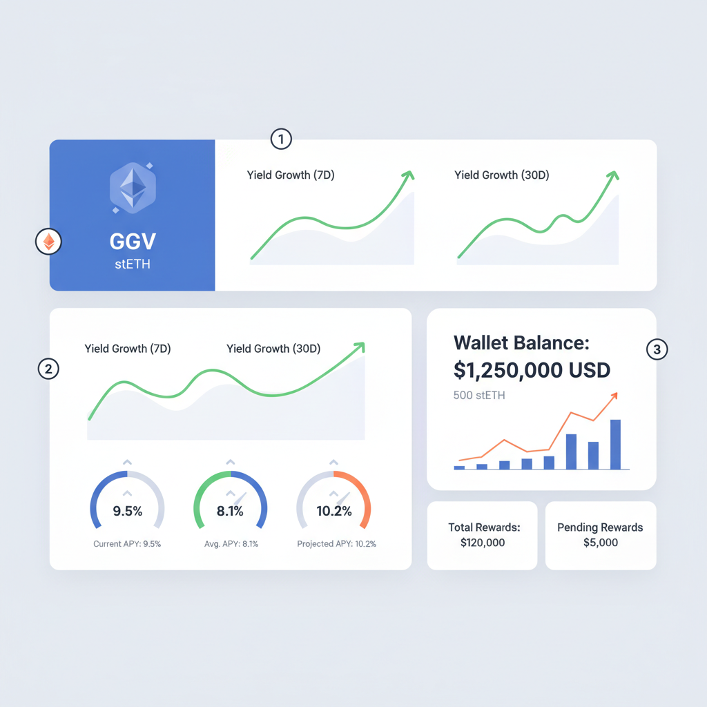 dashboard showing stETH in GGV, yield graphs rising, APY metrics, wallet balance, modern analytics UI