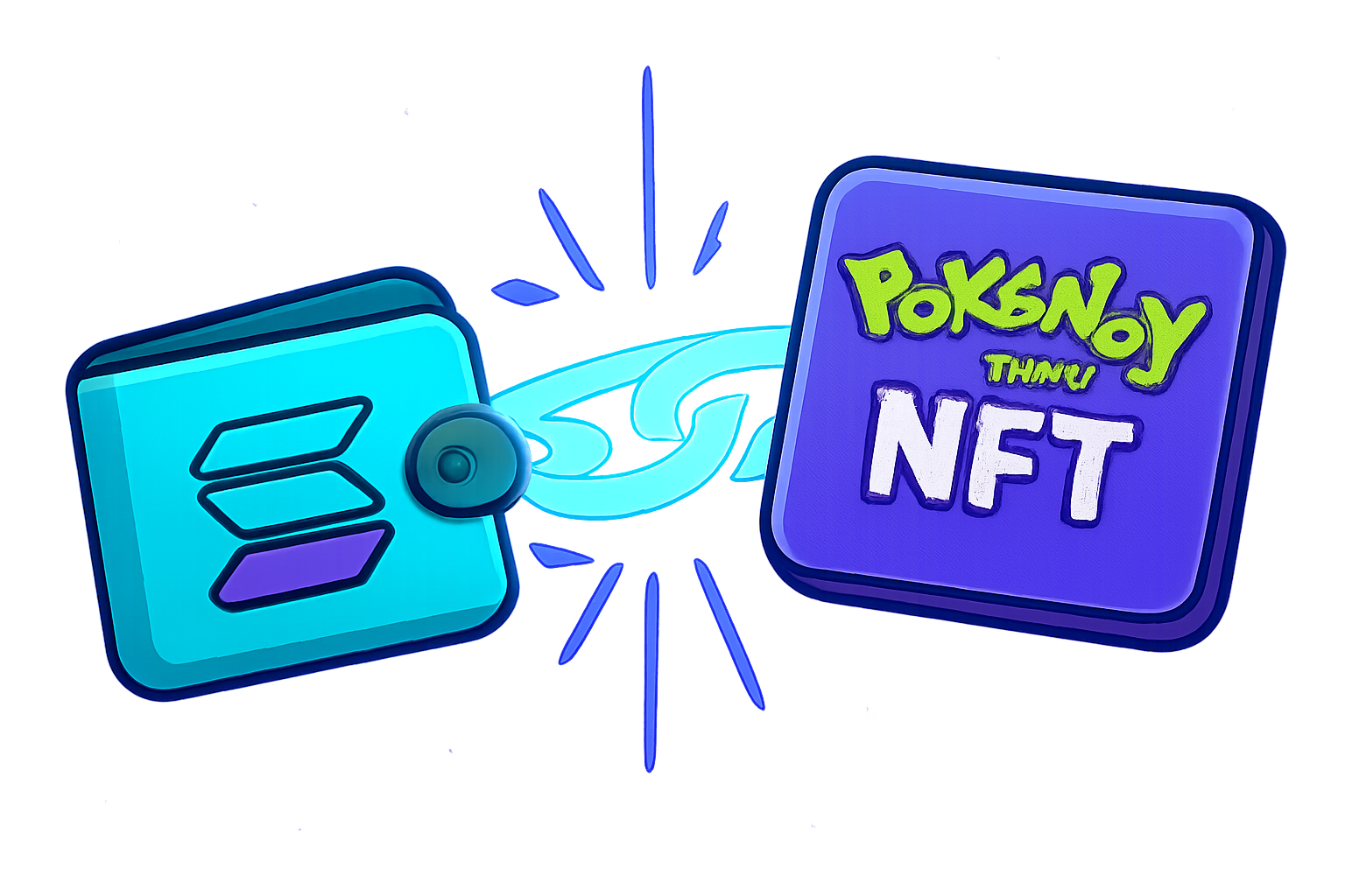 Vibrant cartoon of Solana wallet icon connecting to Pokémon NFT platform, glowing links, energetic blue and purple tones
