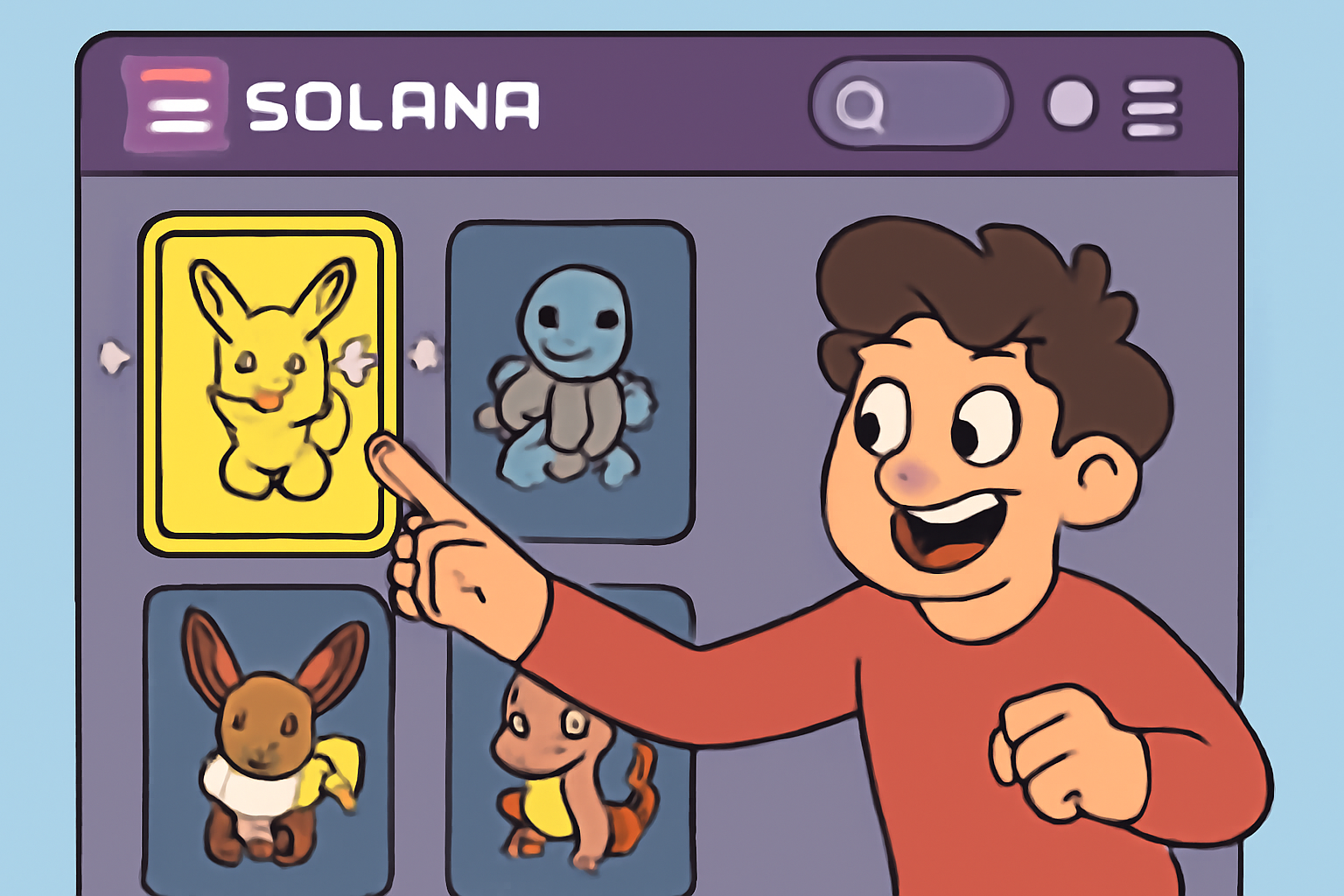 Excited user selecting glowing Pokémon NFT card from digital wallet grid on Solana interface, fun cartoon style, sparkles