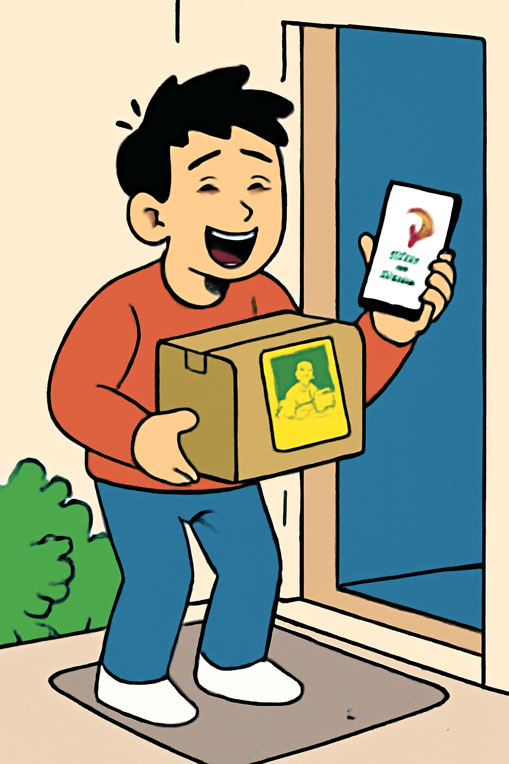 Happy collector receiving delivery box with Pokémon card at doorstep, tracking app on phone, joyful energetic illustration