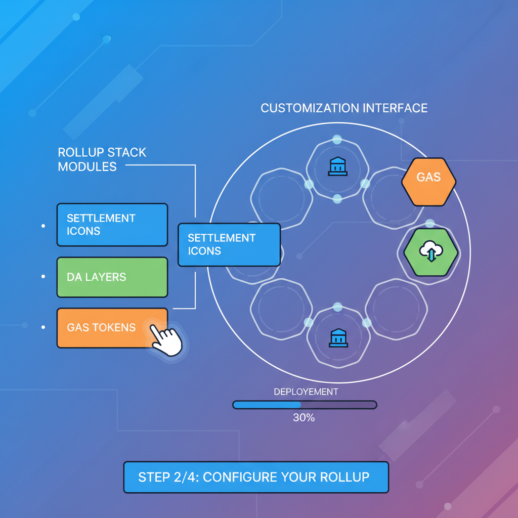 drag-drop customizing rollup stack modules, settlement icons DA layers gas tokens, vibrant futuristic